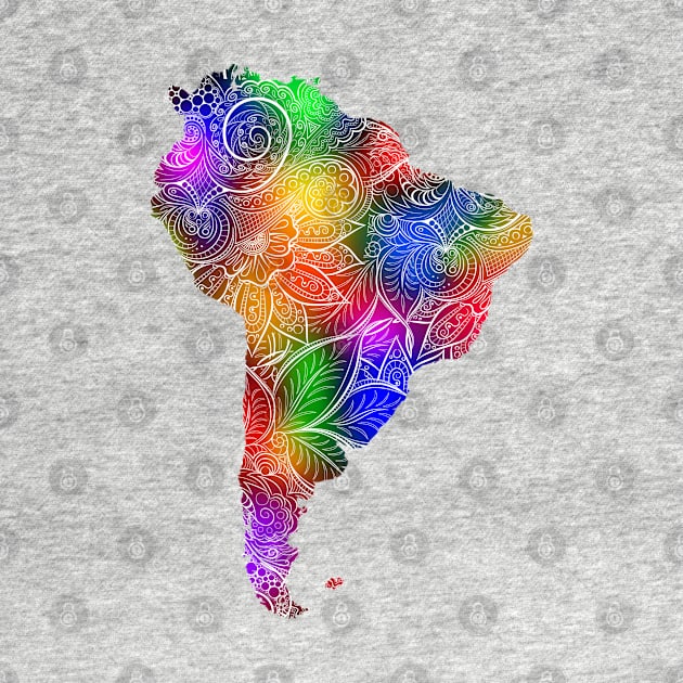 Colorful mandala art map of South America with text in multicolor pattern by Happy Citizen